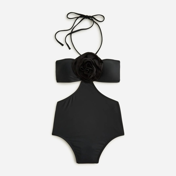 J Crew Cut Out Side Rosette One Piece Swimsuit Sz 14 Black NEW - Picture 1 of 3